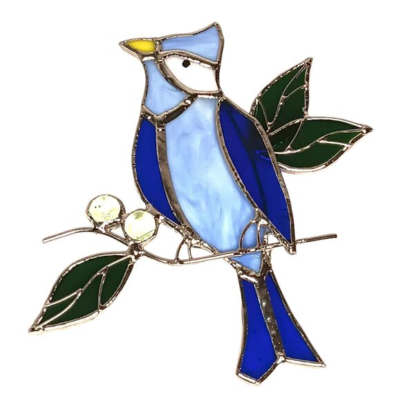 Vintage Handmade Leaded Bird Blue Jay Stained Glass Suncatcher Hanging Decor - Picture 3 of 5